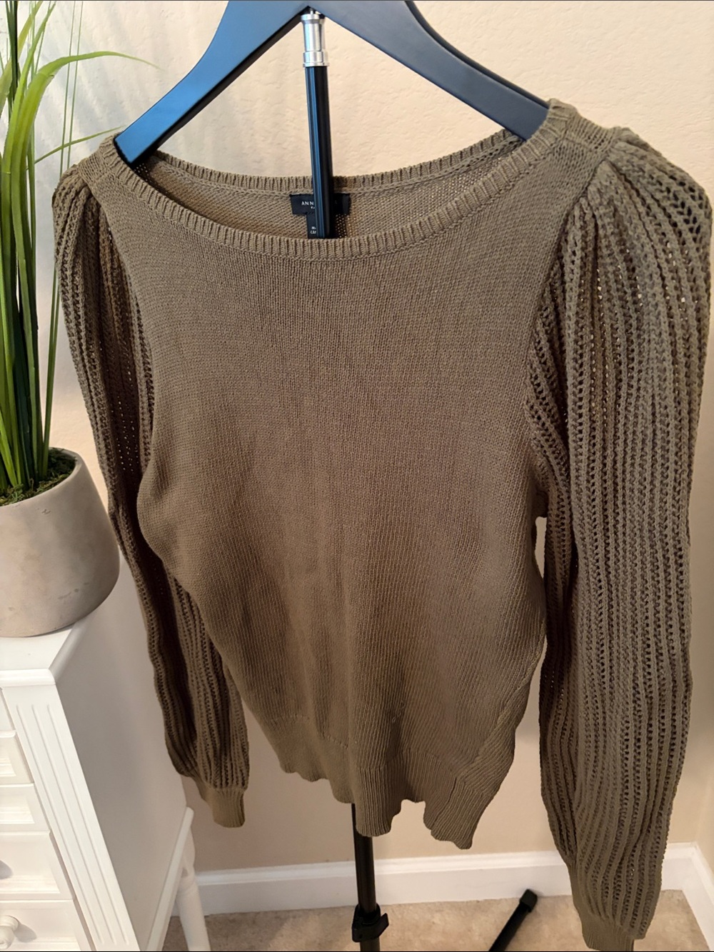 Ann Taylor Olive Openwork Puff-Sleeve Knit Sweater